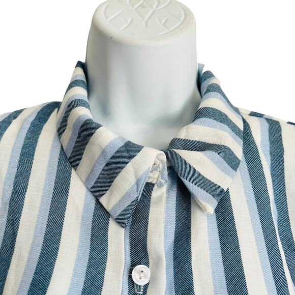 Emi & Joe Blue Cream Pinstripe Button Up Blouse Top Size M High-Low Indie Preppy - Picture 2 of 8